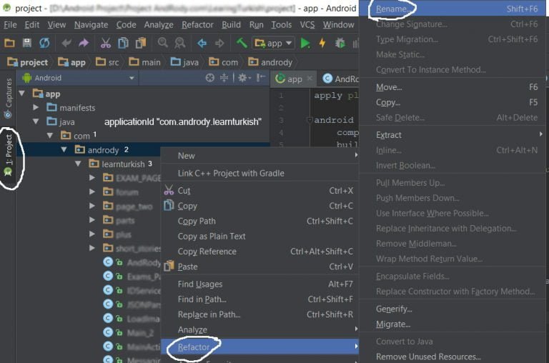 android studio rename project